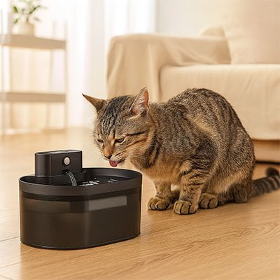 un chat buvant d'une fontaine-a-eau-chat