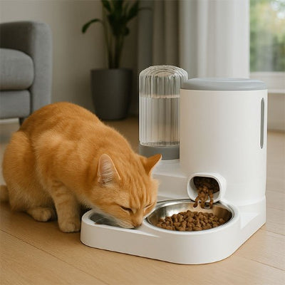 Chat en train de manger près du distributeur de croquettes pour chat
