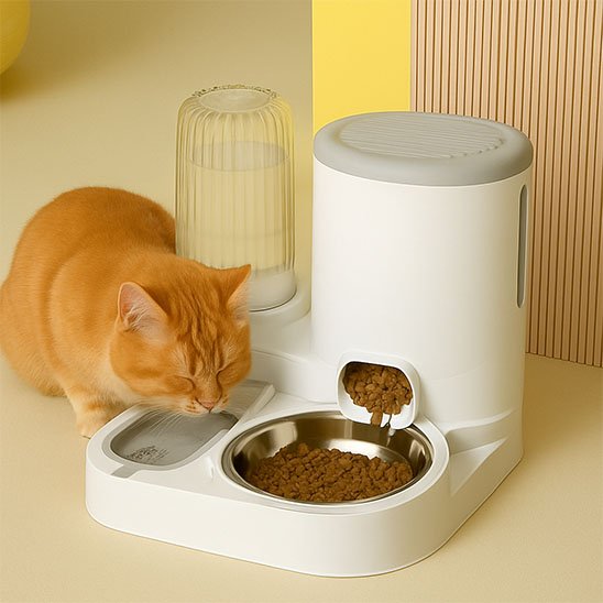 Chat satisfait qui mange avec le distributeur de croquettes pour chat