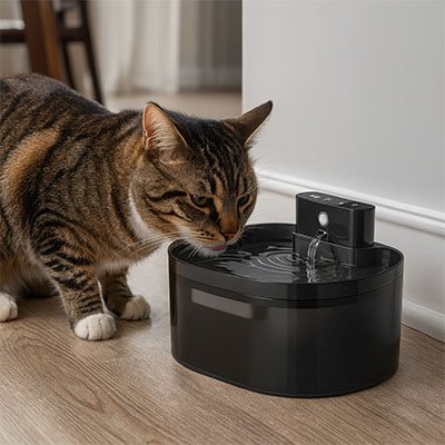 un chat qui boit dans une fontaine a eau chat acier inoxydable