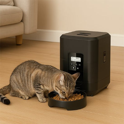 Chat utilisant le distributeur de croquettes pour chat pour manger